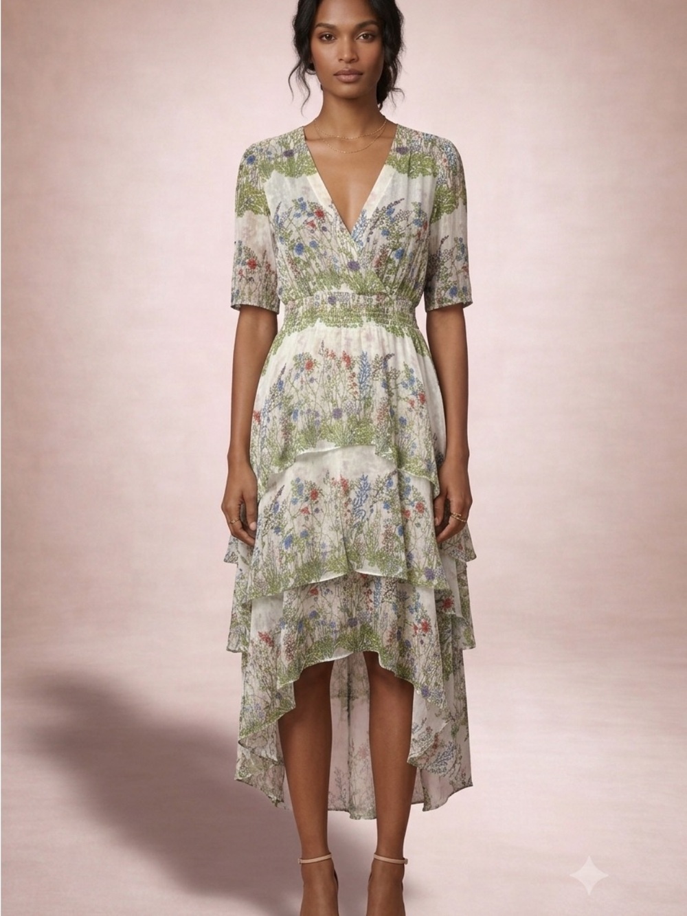Maje Floral Tiered High-Low Dress in Ivory and Green